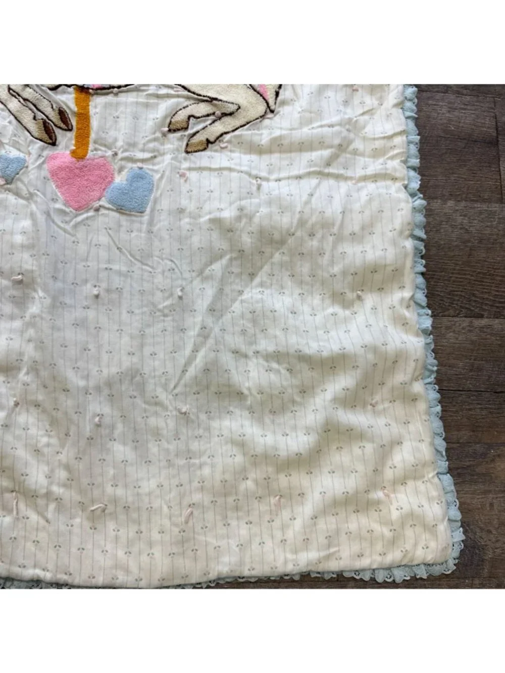 Vintage 80s Kawaii Pastel Carousel Horse Chenille Baby Blanket Hearts Coquette